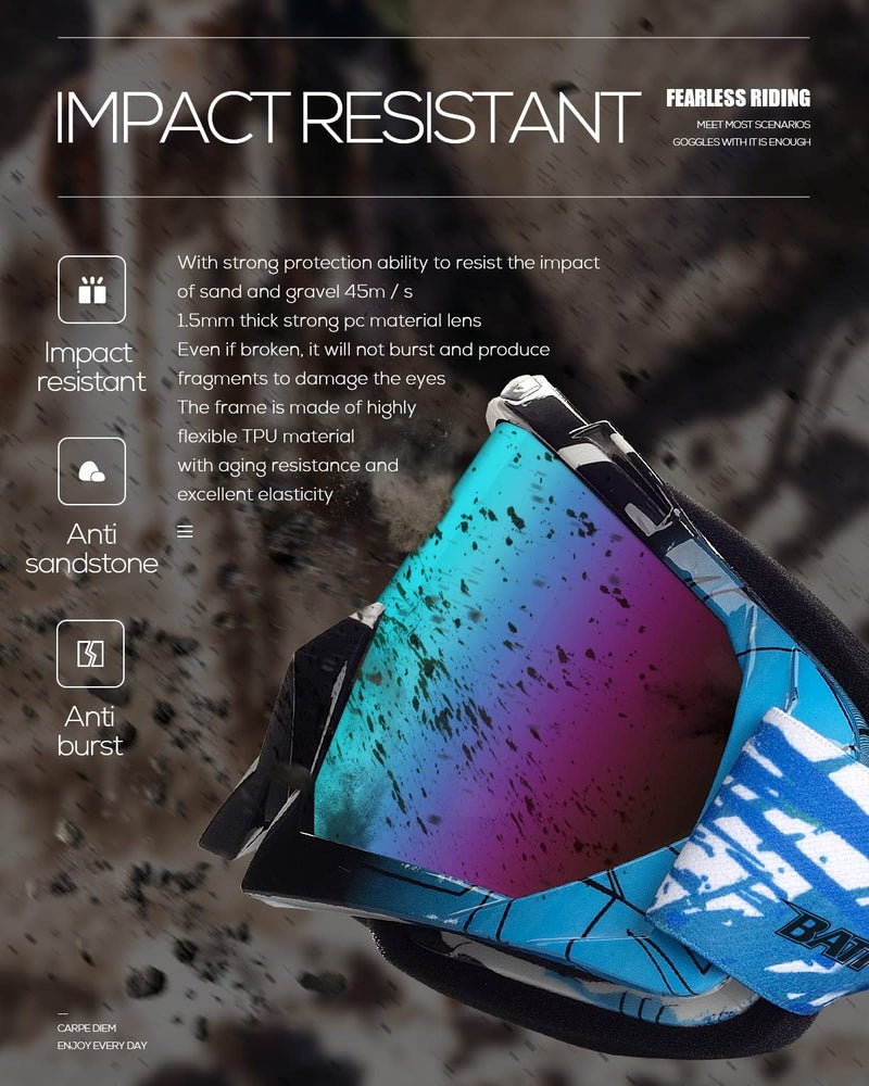 BATFOX Dirt Bike ATV Goggles Motorcycle Gear Riding Motocross Dirtbike 4-Wheeler MX DH Accessories Goggles Glasses for Men Women Youth UV400 Protection Dust-proof Anti-Slip Strap - Image 4